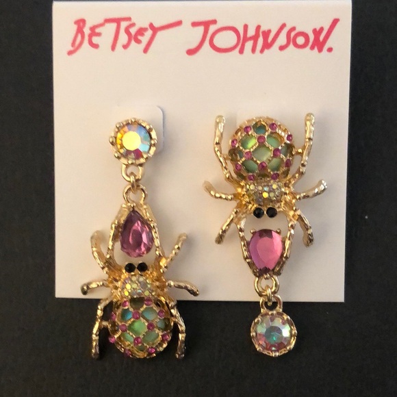 Betsey Johnson Gold Tone Creepshow Spider Mismatch Drop Earrings Crystal NWT - Picture 5 of 11